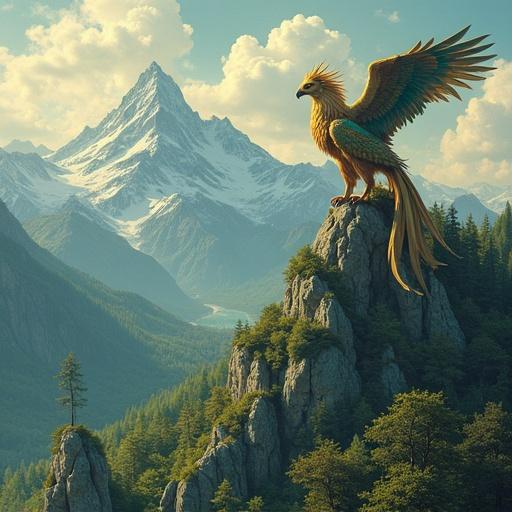 A griffin perches on a snow-capped mountain peak. Forest teems with creatures and pathways. Feathers shimmer in colors. Eyes glow with wisdom. Rendered in detailed fantasy style. Artwork features gold, emerald green, sapphire blue. Epic and breathtaking scene.