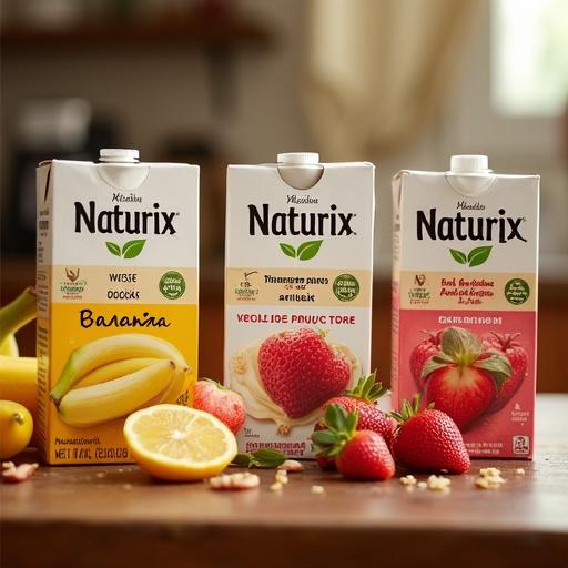Image depicts Naturix juice boxes in banana dulce de leche and red fruits flavors. Kitchen background with warm lighting. Three juice cartons arranged with fresh bananas, lemons, and strawberries.