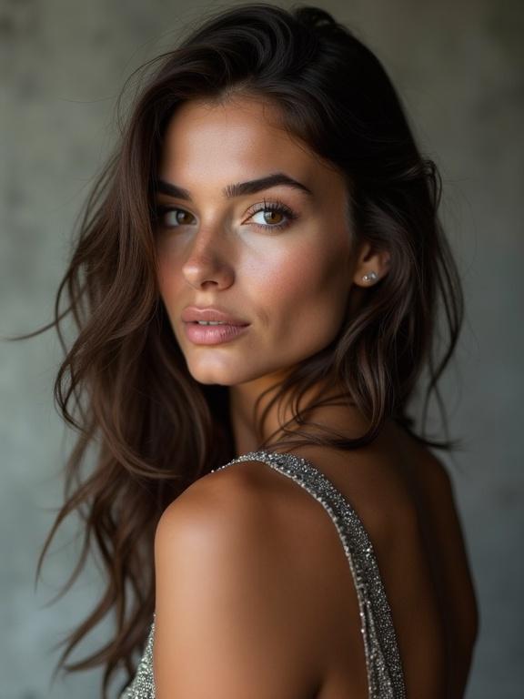 A young woman with brown hair looking to the left in a studio setting. Soft focus on her face, natural makeup highlighted.