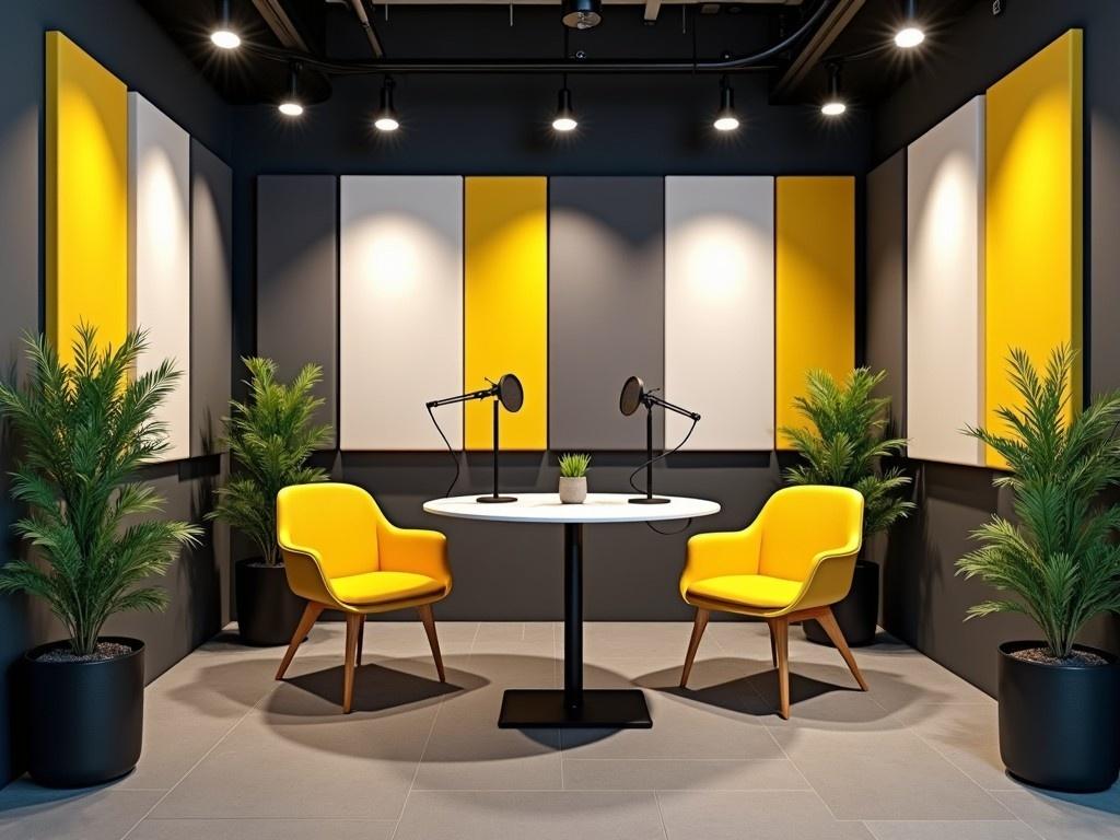 This is a modern podcast set designed using a color scheme of white, grey, yellow, and black. The set features two bright yellow chairs positioned around a circular table. On the table, there are two professional microphones ready for recording. The walls have sections of soft grey and vibrant yellow panels, creating a dynamic backdrop. Decorative potted plants give a fresh touch to the space, enhancing the aesthetic appeal of the set. It is an inviting and stylish environment for podcast recording and conversation.