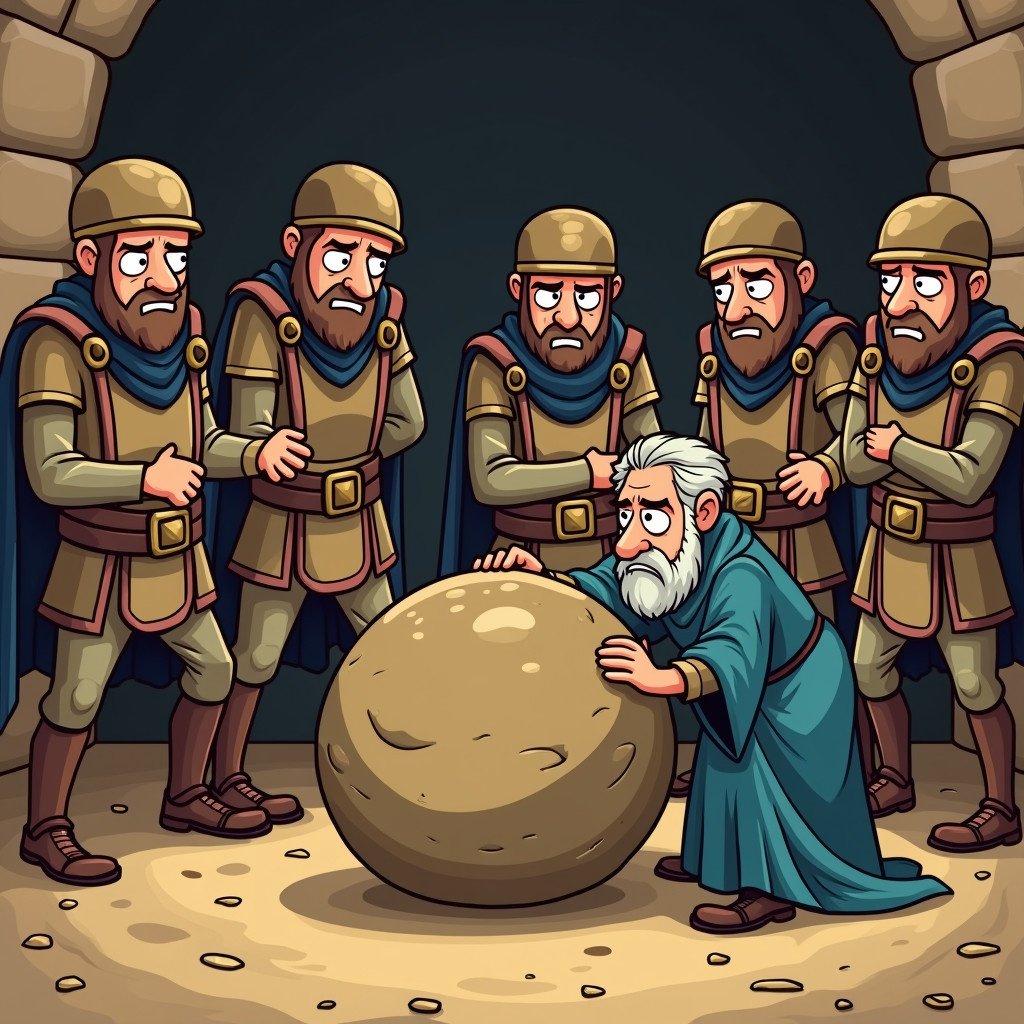 Ancient Babylon scene with king's soldiers in uniform. Soldiers show exaggerated sneaky and cunning expressions. An old man named Daniel in blue clothes stands near the lion's den. He looks sad. Close-up of a round stone being pushed into place. Serious expressions on the soldiers. The scene has a shadowy ambiance.