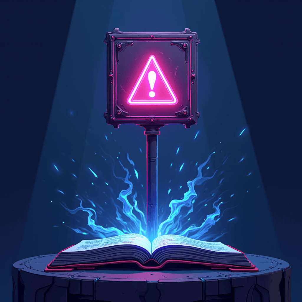 An open book emits glowing blue energy, highlighting a neon exclamation sign above.