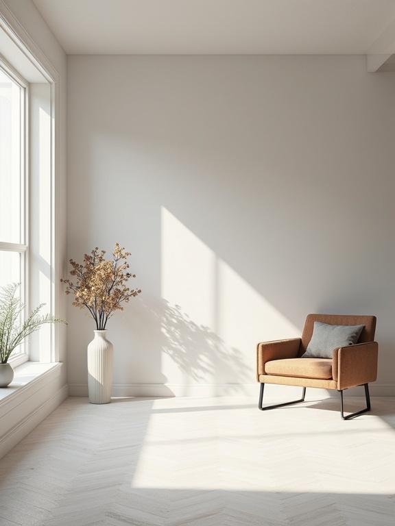 A clean, modern, minimalist interior with a cozy armchair in the corner and a tall vase with dry flowers. The room features large windows allowing natural light to create soft shadows on the floor.