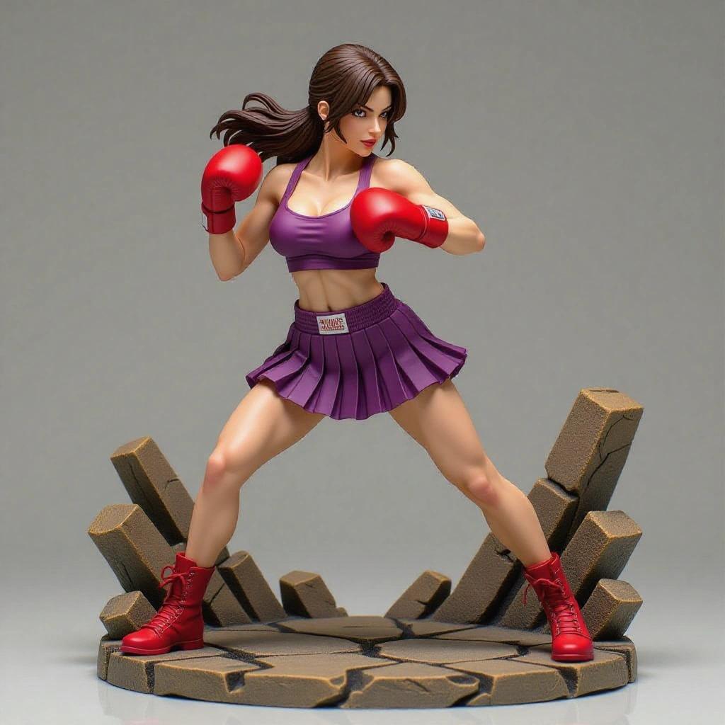 Adult female fighting figure inspired by Hitmonchan. Athletic body with fitness style. Elegant and confident face. Wears red boxing gloves, short purple skirt, tight top. In fighting stance with one leg forward and arm extended. Dynamic hairstyle. Serious expression. Solid base with ring-like cracks, suited for resin printing. Strong and powerful design.