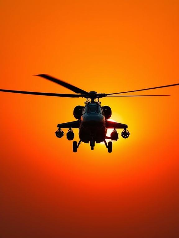 A silhouette of a helicopter against an orange sunset. The helicopter shows intricate shapes from rotors to body. Positioned slightly off-center for dynamic composition. Background with a gradient from deep orange to subtle dusk hues. Lighting highlights the angular structure and metallic texture. Mood is dramatic and adventurous. Scene blends realism and artistry.