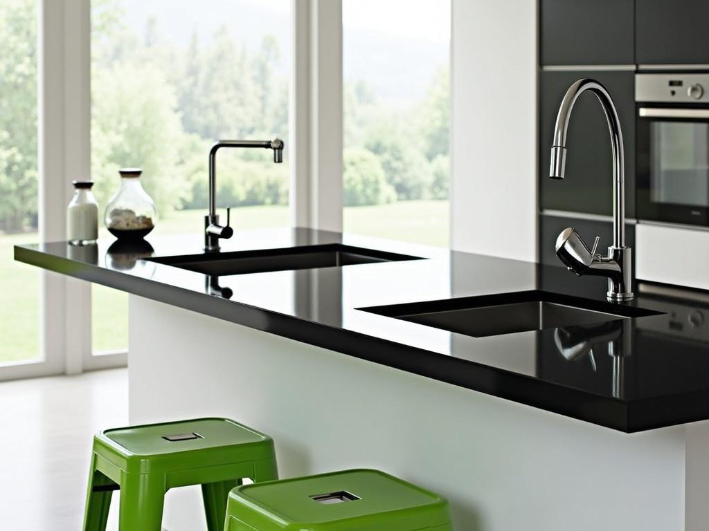 This image features a modern kitchen with a sleek and contemporary design. The kitchen has a glossy black countertop that contrasts beautifully with the white cabinetry. There are two stainless steel sinks integrated into the countertop. A stylish silver kitchen faucet is positioned beside the sinks. In the background, there's a built-in wall oven and a few decorative items on the countertop, including glass jars. The large windows allow natural light to flood into the space, enhancing its airy feel. Two transparent green stools are placed near the countertop, providing seating.