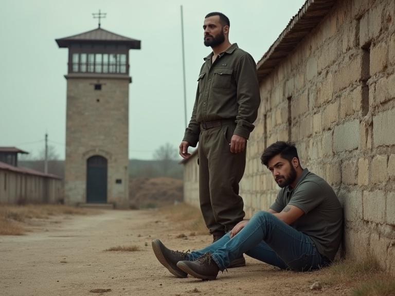Photorealistic image set in an open Turkish prison yard. A young man sits against a wall. A bulky prison guard towers over them. Somber visuals reflect tension.