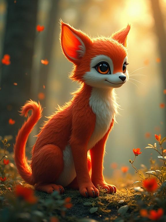 A cute orange fox character sits in a forest. The fox has large expressive eyes and soft fluffy fur. The background is filled with soft, magical golden light and small flowers. The scene captures a sense of harmony with nature.