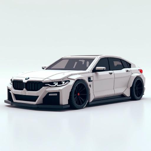 Modern BMW sedan designed in a voxel style. Features cubical 3D design. Sleek and futuristic appearance of the car.