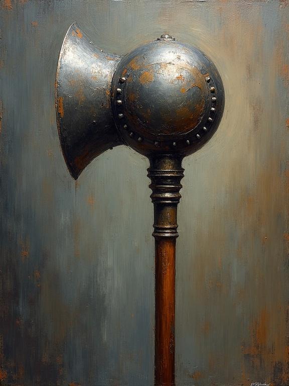Mace features a sturdy handle with a spherical studded head made of polished metal. The artwork is in the impressionism style.