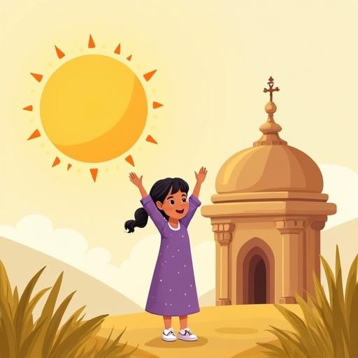 A cartoon-style children's book cover illustration featuring a joyful young girl in a purple polka dot dress standing in a sunny landscape. The girl is raising her arms in celebration in front of a symbolic wooden house made of five pillars with a dome. The background includes a bright sun and child-friendly Islamic design elements. Ample space is left at the top for the book title.