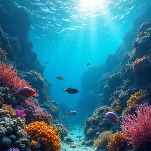 An underwater scene featuring coral reefs and various colorful fish. Sunlight penetrates the water creating a serene environment. Rich and vibrant aquatic life is visible among the corals.
