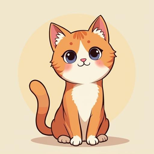 Anime-style digital illustration of a cat. Cat is orange with black stripes, big eyes and a cute expression. Cat sits facing forward.