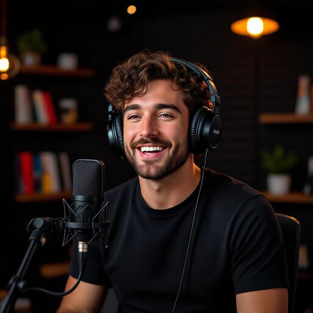 Cheerful man with curly hair wearing black t-shirt sitting in podcast studio. He is wearing headphones speaking into microphone. The studio has acoustic foam, LED lighting, and shelves with books. Front-facing camera angle. Natural lighting and warm vibe.