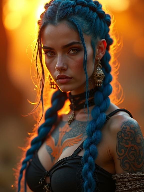 Portrait of a mystical woman with blue hair in braids. Warm backlight creates a glowing effect. Tattoos and jewelry enhance her fierce look. Background is soft and dreamy.