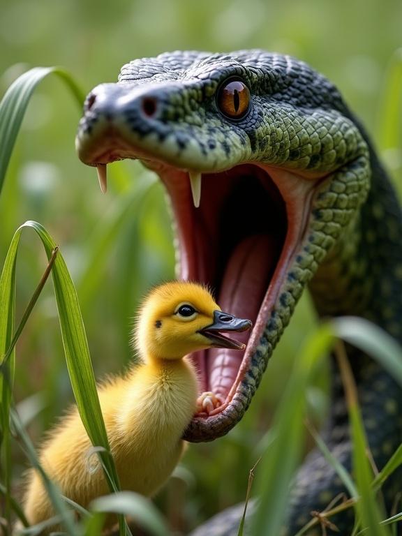 A dramatic scene where a giant snake attacks a duckling. The snake erupts from tall grass with its mouth open wide. The duckling appears for a moment, eyes wide in fear. Grass bends as the snake strikes. The colors are darker with dynamic shadows and blurred motion.