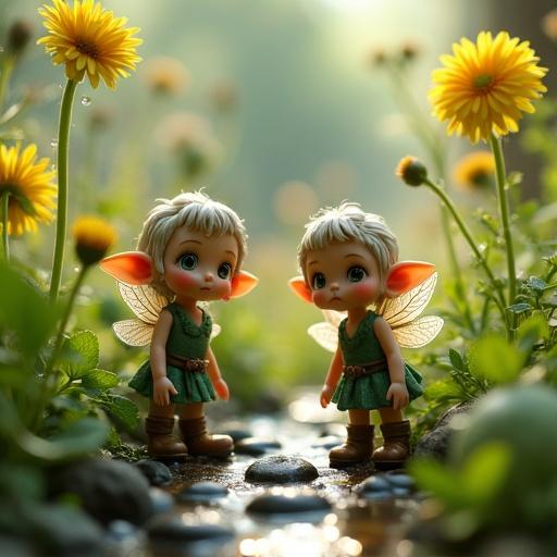 Photograph presents a magical garden scene featuring tiny colorful elves and fairies near a stream. The elves wear green tunics with fabric details and leather boots. The fairies have delicate wings and silk gowns. Towering flowers create a whimsical forest backdrop. Dew on grass glitters under the sunlight, enhancing the enchanting atmosphere.
