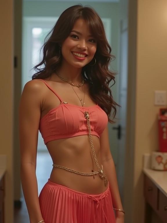 Still from a 2000s pop music video featuring a woman in a conceptual costume. Dress includes a crop top and ultra low-rise micro skirt. She has a flirty smile and wears a belly chain. The image has a playful vibe, taken at a kids birthday party.