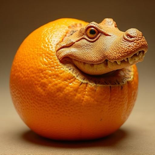 Realistic hybrid of an orange and a crocodile. Smooth orange peel merges with a textured crocodile head. Vivid orange colors under natural lighting. Focus on details of the fruit and animal.
