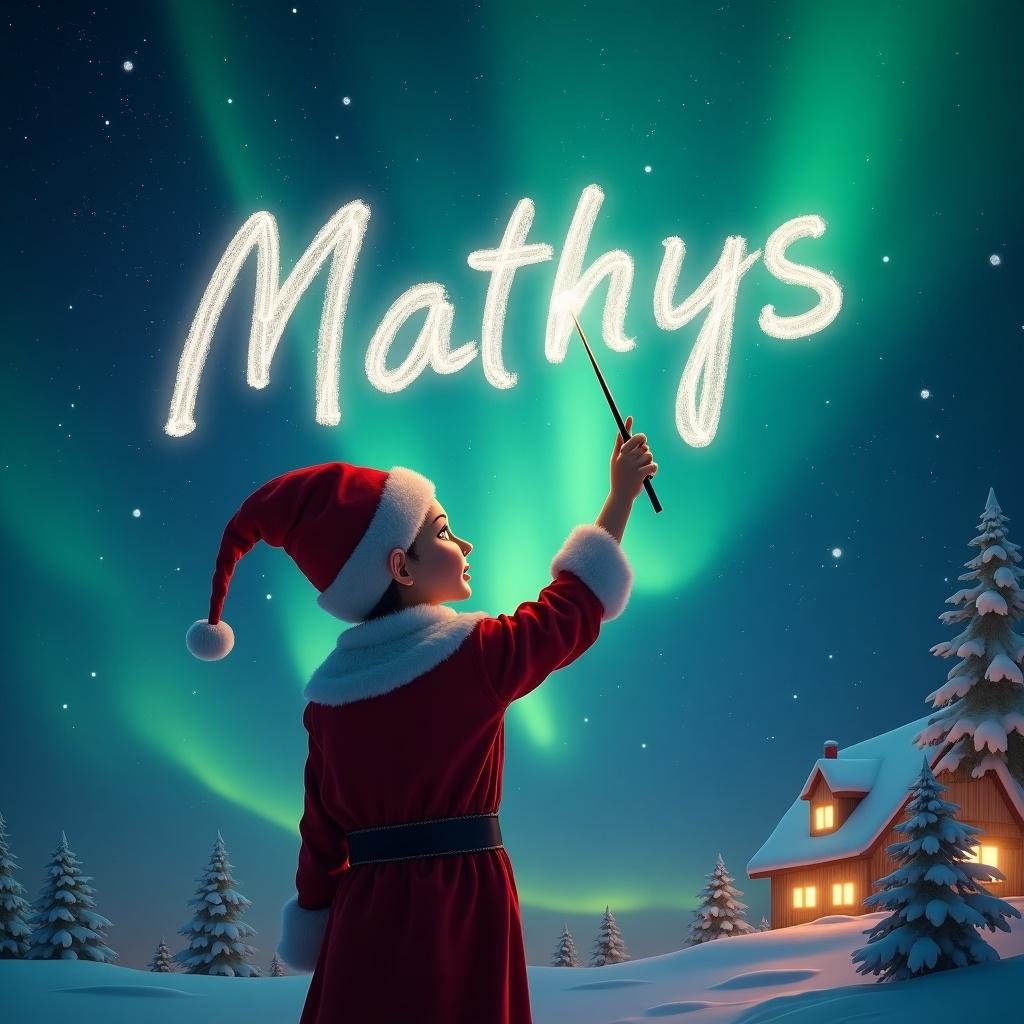 An elf is standing with back to the viewer. The elf is writing names in the air with a wand. The background shows magical northern lights and a cozy cabin. The name Mathys is being inscribed in the sky.