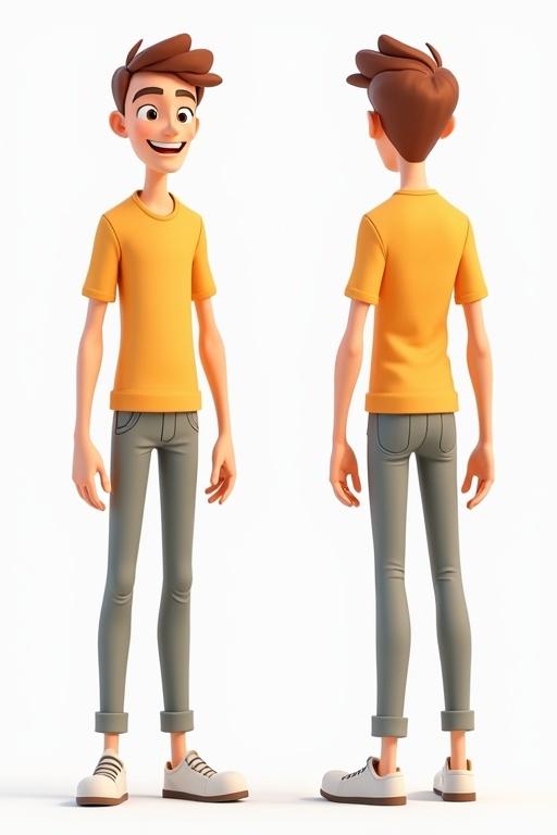 Male character in T-pose shown from front side and back views. Character has stylized features with a modern casual outfit. The model is designed for animation or gaming use.