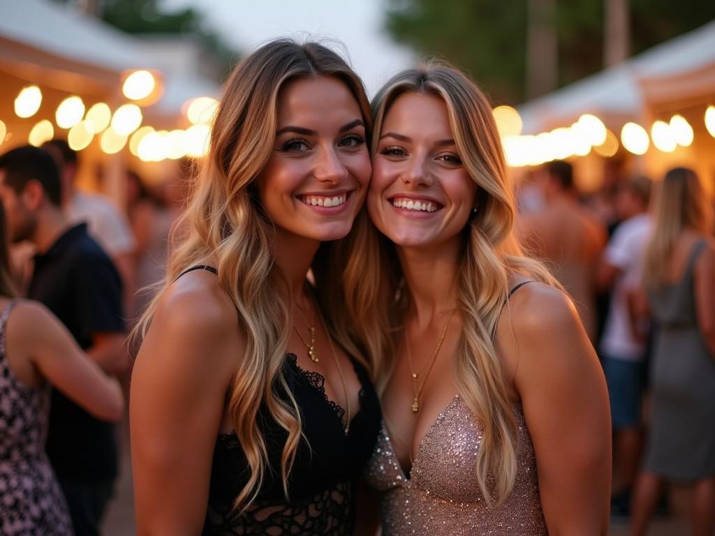 Two young women are standing together in a lively outdoor setting under string lights. They are smiling and posing closely for a photo, with joyful expressions on their faces. The woman on the left has long, wavy hair and is wearing a black lace outfit, while the woman on the right has a sparkling dress and long blonde hair. As they share a moment, they lean in to give each other a friendly kiss on the cheek. The background is slightly blurred but filled with other happy people enjoying the event.