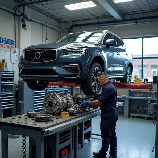 High realistic image of skilled auto mechanic replacing car gearbox in workshop. Modern SUV on hydraulic lift. Mechanic working underneath with tools and gearbox parts on workbench. Technical precision and clean environment shown. Mechanic wears branded uniform, gloves, and safety gear. Background includes tool cabinets and diagnostic equipment. Atmosphere conveys trust and expertise.