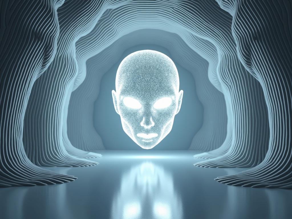 3D holographic face with glowing eyes in a sleek silver alien interior. Textured parametric lines create an organic feel. Two DNA-shaped towers reflect light on the sides. Smooth specular floor enhances realism with soft reflections.