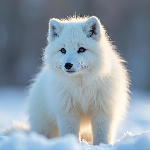 Scene depicting a fluffy furry polar fox in a snowy environment with soft lighting. Emphasis on the fox's features and the natural setting.