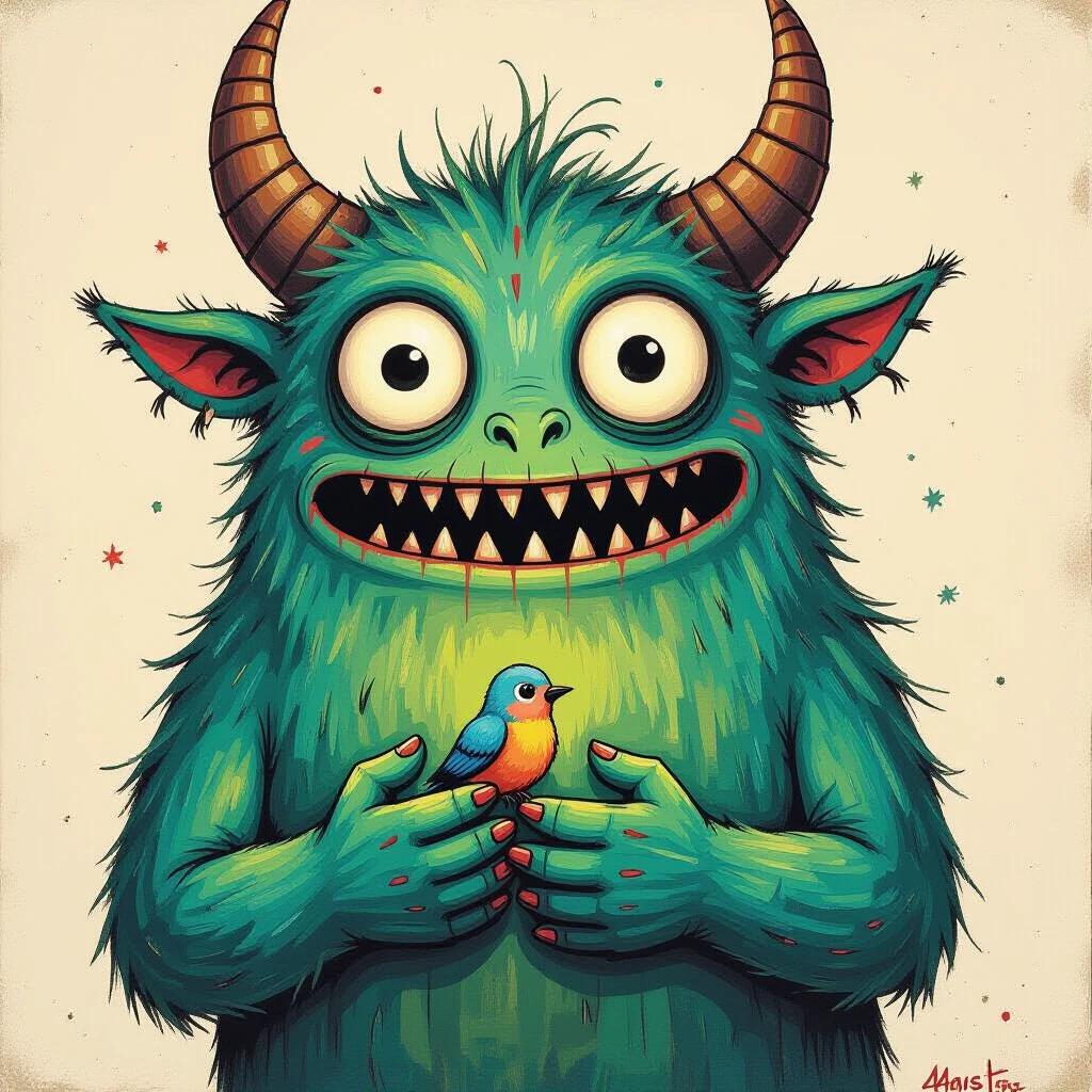 A cartoonish horned monster with large eyes and sharp teeth holds a tiny bird gently. The monster features thick uneven lines and naïve proportions. The color fills are chaotic and unblended. Mixed media textures include crayon, ink, and pencil. The artwork has an outsider art style and conveys raw emotional symbolism. The monster appears to embody haunting innocence, with expressive mark-making and rough paper texture.