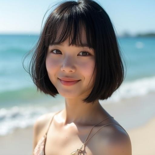 Japanese girl, 18 years old, beautiful bob hair, sunny beach, smiling