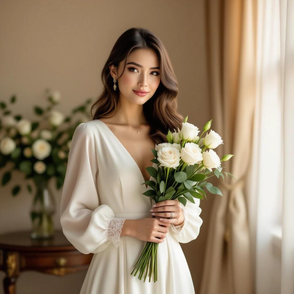 Image depicts an elegant and romantic atmosphere with warm color toned lighting. A woman in a white long-sleeved dress with lace details holds a bouquet of white roses. She gazes softly into the distance, creating a serene and deep feeling. Background features vines and a window, adding natural life. Overall palette includes soft beige and white for a tranquil and elegant feel.