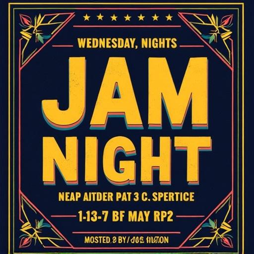Create a vibrant poster for jam night at McSorleys Bar in New York. Highlight Wednesday nights with bold typography. Include the hosting by Joe Hilton. Utilize bright colors and a playful style.