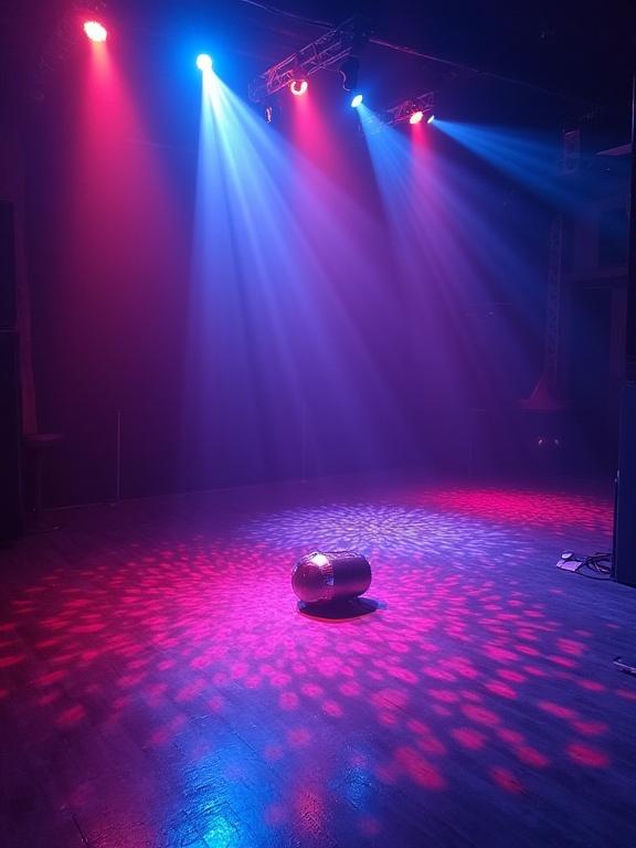 Disco atmosphere with colorful LED lights. Dance floor highlighted by neon illumination. Disco ball casting light reflections. Laser light show ambiance creates excitement.