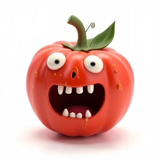 3D cartoon-style horror fruit with a smiling tomato character on a clean white background