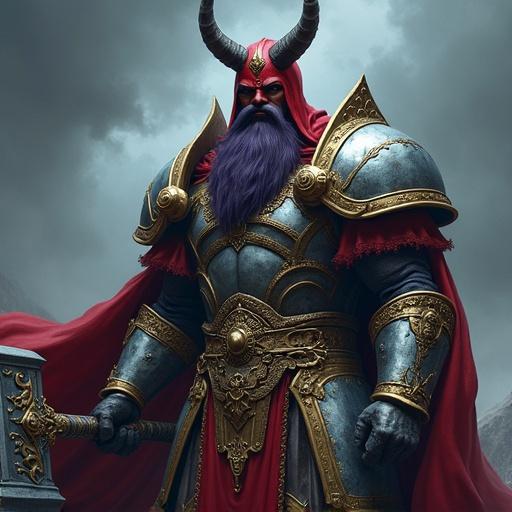 Fantasy character with large purple beard. Male figure in ornate red helmet with gold trim. Wearing detailed metallic armor with silver gray red accents. Holds large warhammer. Forward-leaning posture against dark stormy sky. Hyper-detailed features with a grand cinematic feel.