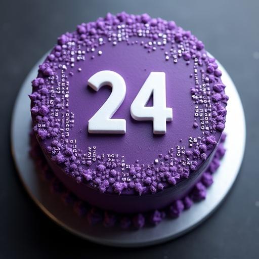 Overhead view of a minimalist bento cake showcasing amethyst purple frosting. Bold white text states '24 level' in a single line. The cake's surface is gridded with tiny white binary digits resembling The Matrix. Textured matte appearance with cinematic lighting emphasizing a digital glitch theme. Created as a 3D render with ultra-detail.