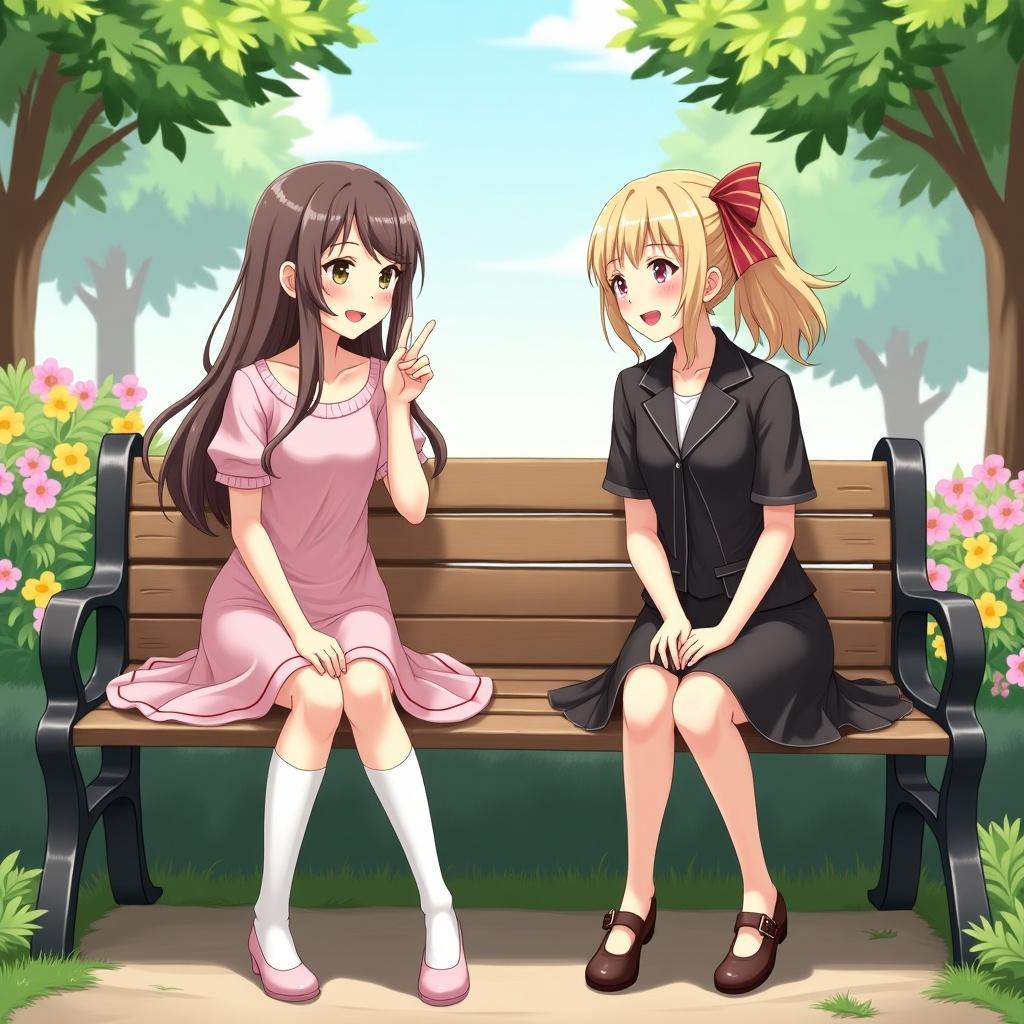 Two girls meet at a park bench. One girl is in elegant clothing, the other in simple attire. They are exchanging shy smiles or sharing a laugh.