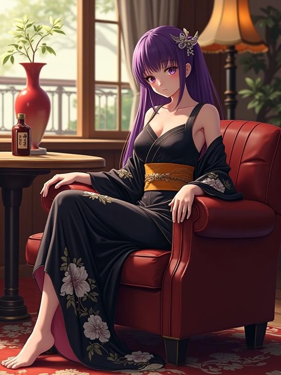 Anime lady dressed in a shiny black kimono sits elegantly on a vintage leather sofa. She has striking violet hair and violet eyes. Her outfit features intricate floral patterns and a stylish gold obi belt. The setting has warm lighting and includes a red vase and an alcohol bottle. The scene blends traditional elegance with retro charm.
