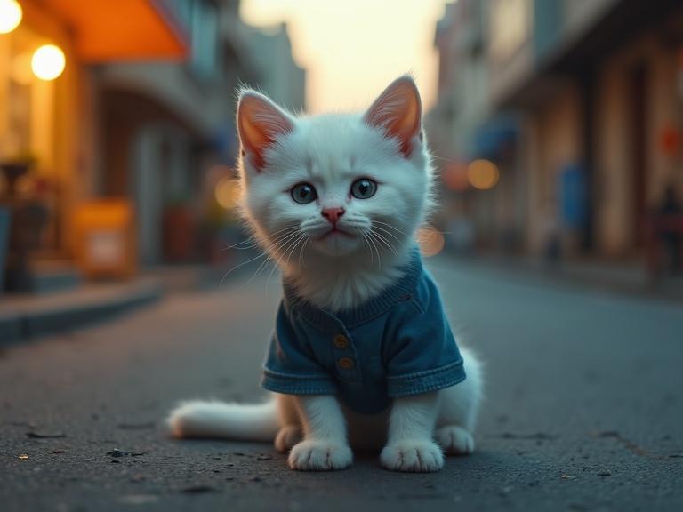 A white kitten sits in the middle of an empty street at twilight. The kitten wears a worn-out blue shirt. It appears slightly dirty with a subtle tear on its face. The kitten gives a gentle smile. The warm yellow lights of a nearby store softly illuminate the scene. The atmosphere is calm and emotional. There is cinematic lighting with a shallow depth of field. The image shows high detail fur and is in 8K resolution with HDR.