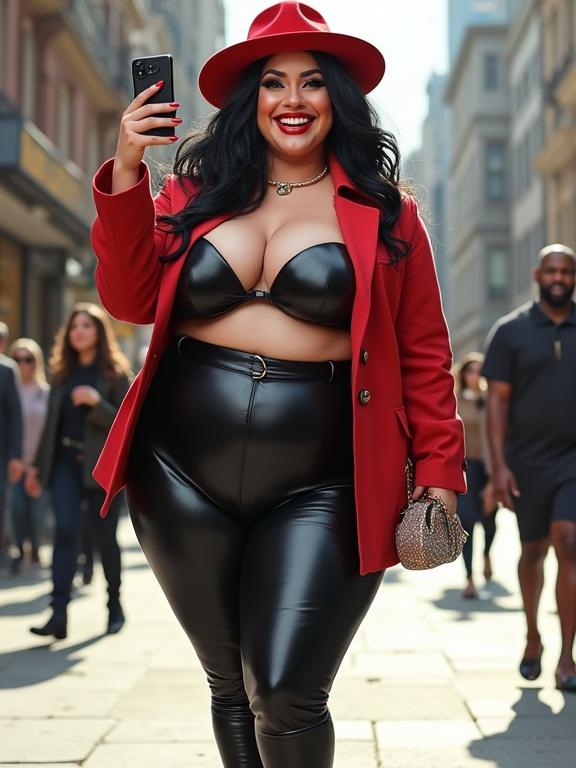 Hyper-realistic caricature of a woman with exaggerated features walking on a city street. Smiling while taking a selfie. Black hair and red hat. Oversized lips and heavy makeup. Large hips and enhanced figure. Shiny black leggings highlighting proportions. Small handbag and smartphone. Confident posture in bright sunlight with city background.