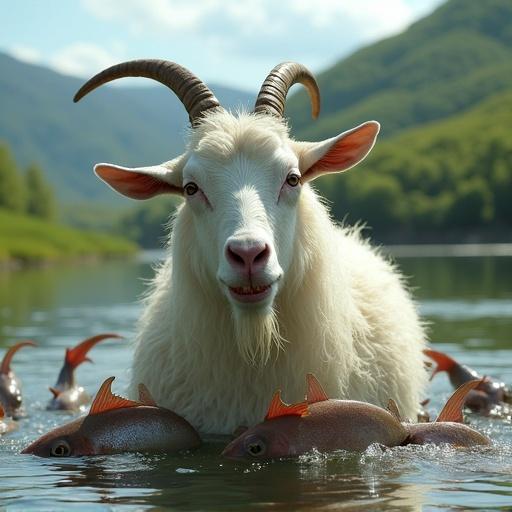 A white goat with curved horns partially submerged in a river. The goat's fur is wet and glistening under natural sunlight. Piranha-like fish latch onto the goat's body. The goat's eyes are wide open and mouth is slightly agape. Lush green hills are in the background. The river's surface has ripples and jumping fish. The lighting emphasizes the natural setting while highlighting the surreal horror.