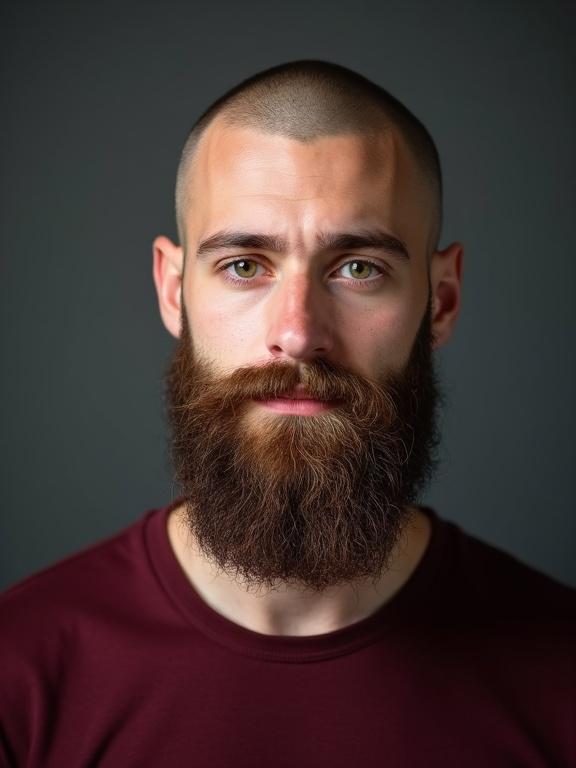 Studio portrait photograph of a young man with green eyes and a long beard. He has a closely shaved head. He wears a burgundy t-shirt that enhances his complexion.