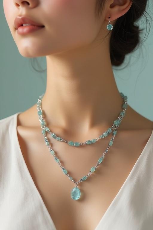 Aquamarine transparent tumble stones strung together on a thin elegant silver chain with earrings. Model wearing necklace with a neutral serene expression. Stones glisten softly reflecting light. Background is minimalist in soft pastel color or blurred natural setting. Lighting soft and diffused creating luxurious vibe. High-quality photorealistic image for high-end jewelry brand.