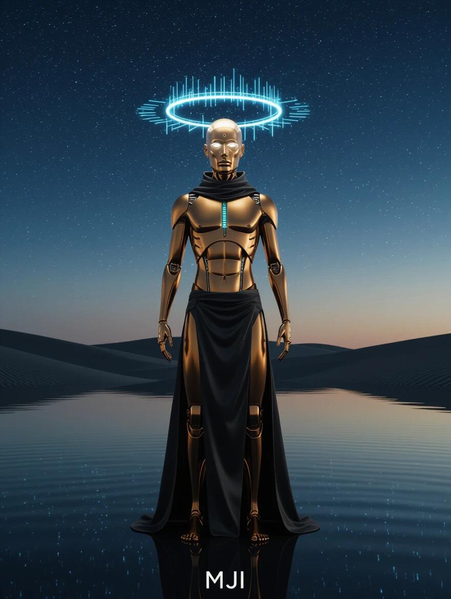A futuristic monk-like figure stands alone in a vast desert of dark obsidian sand. The figure is synthetic with bronze-gold alloys. No mouth but two illuminated eyes. A central slit emits a soft hum. A halo of micro-drones projects light and data. Wears an asymmetrical robe shifting texture and transparency. Digital sand swirls around its feet. Farther are alien monoliths against a planet with auroras. Scene captured in ultra-photorealistic 8K clarity with cinematic composition and sharp shadows.