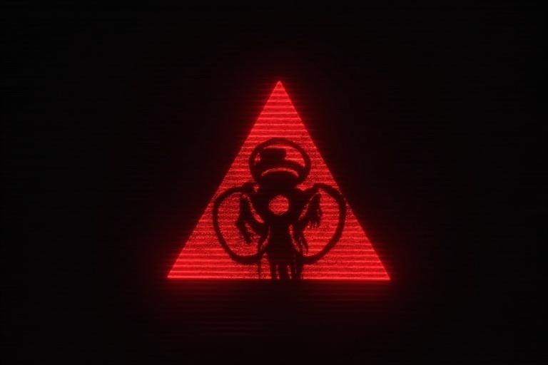 Analog horror theme with a black background. A red triangle hazard symbol appears at the center. Inside the triangle, an unknown creature is depicted. VHS glitch effects are present, including horizontal scanlines. The overall style is eerie with high resolution, resembling retro CRT monitor visuals. Design is minimal yet creepy, fitting the Mandela Catalogue aesthetic, evoking unsettling and surreal feelings in a liminal space.