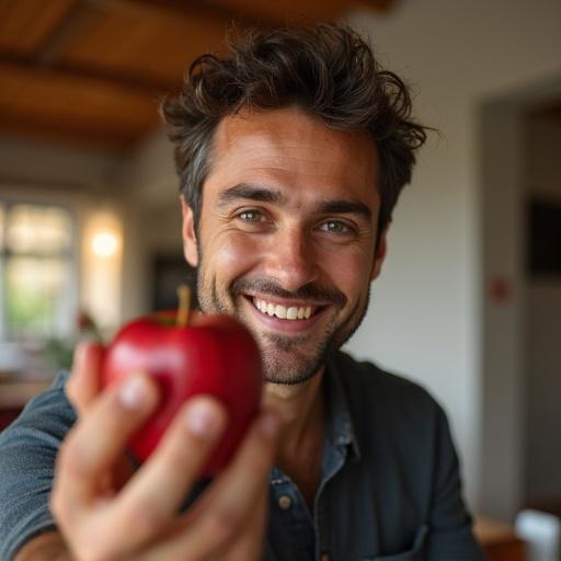 Selfie of a man smiling while holding a red apple in a room with natural light.