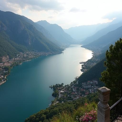Vista de atardecer desde un mirador en Bellagio, Lago di Como. Se aprecia el lago rodeado de montañas y vegetación.