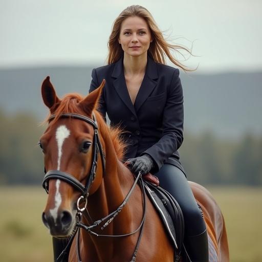 A woman riding a horse in an outdoor setting. The woman wears a black blazer and is smiling. The background includes greenery and a blue sky. The horse is brown and appears calm and majestic.