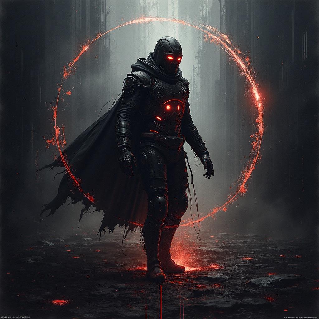 Futuristic armor-clad figure in dark setting. Menacing look with glowing red features. Surrounded by a glowing red circle. Sci-fi and dark themes evident.